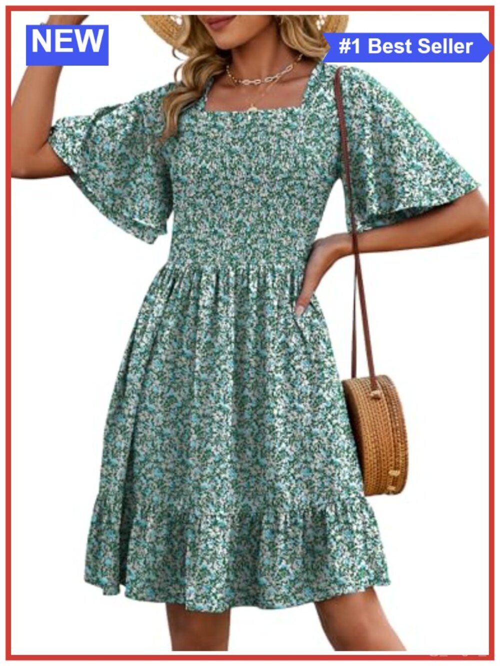 Women's Floral A-Line Mini Dress Flutter Sleeve Square Neck Casual Summer